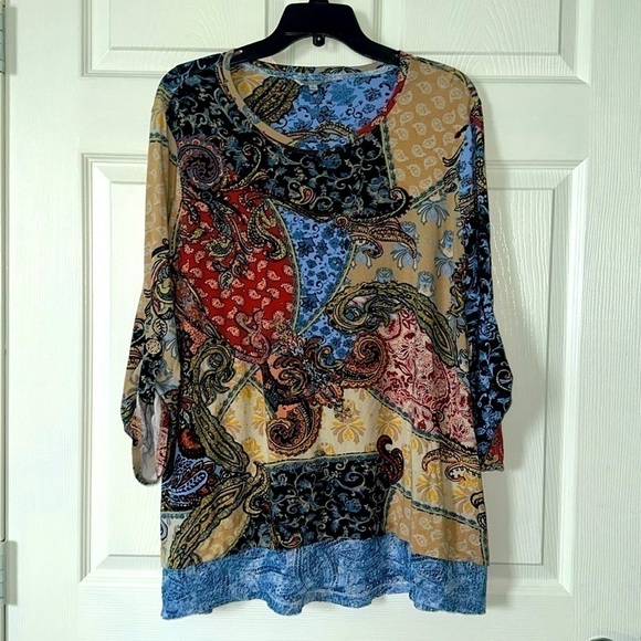 JOHN.MARK RAYON/SPANDEX BLEND MULTI COLOR WOMEN BOXO STYLE TOP sz L - Picture 1 of 5